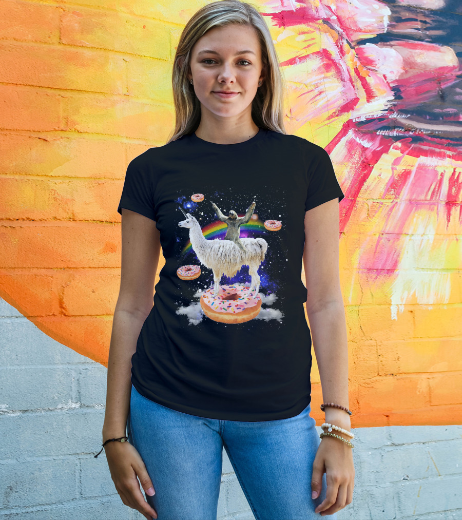 Space Adventure Sloth On Unicorn Llama With Floating Donuts And Rainbow T-Shirt