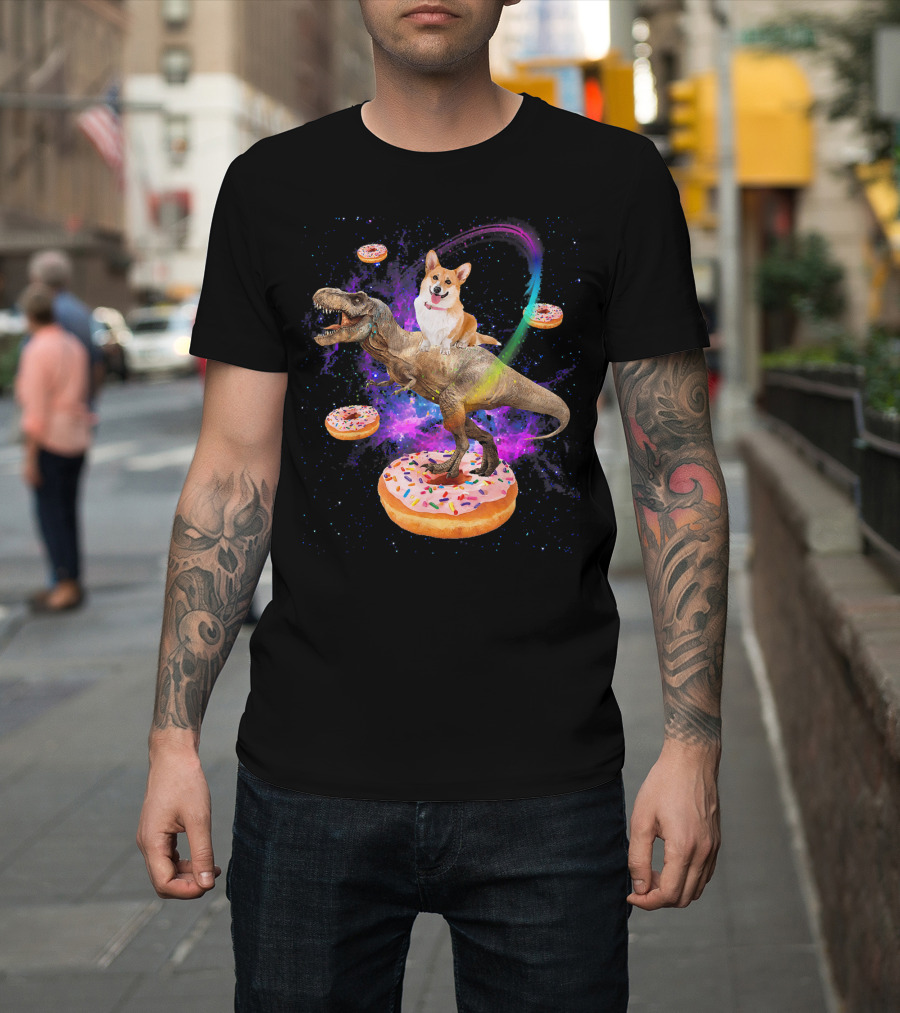 Space Corgi Riding Dinosaur Rex with Floating Donuts in Galaxy T-Shirt