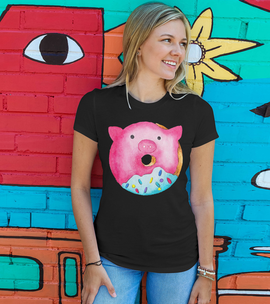 Donut Pig Watercolor Pink Frosting Sprinkles T-Shirt