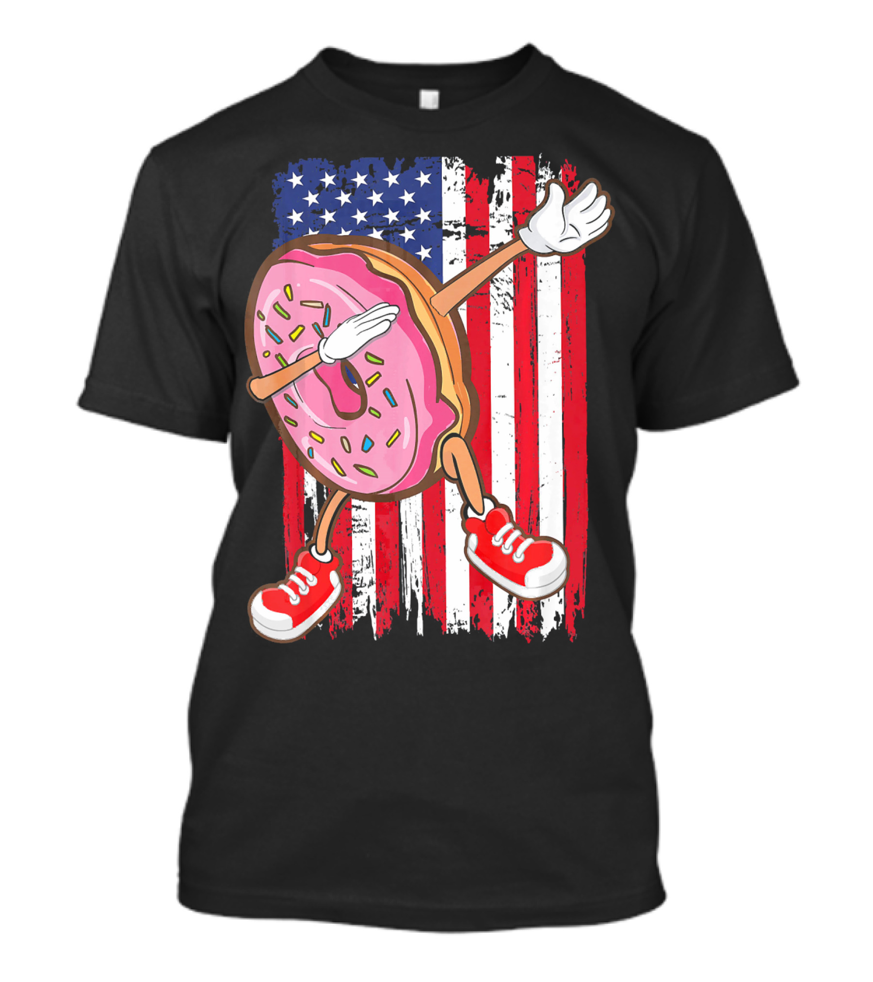 Dabbing American USA Strawberry Frosted Donut On Flag Background T-Shirt