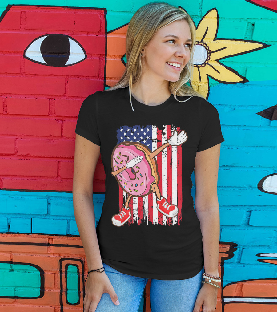 Dabbing American USA Strawberry Frosted Donut On Flag Background T-Shirt
