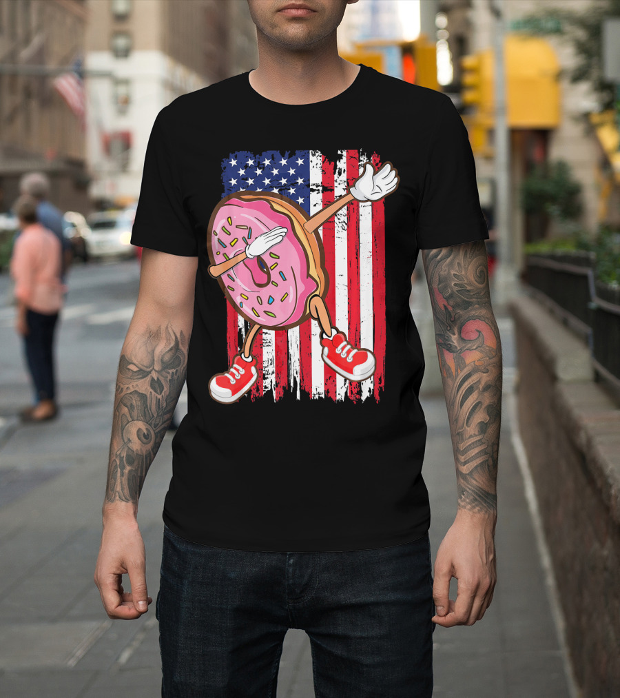 Dabbing American USA Strawberry Frosted Donut On Flag Background T-Shirt