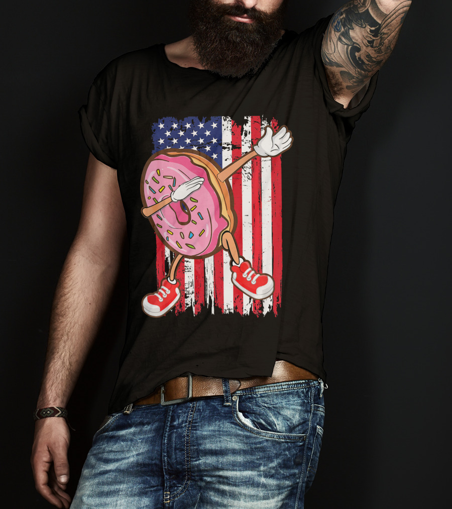 Dabbing American USA Strawberry Frosted Donut On Flag Background T-Shirt
