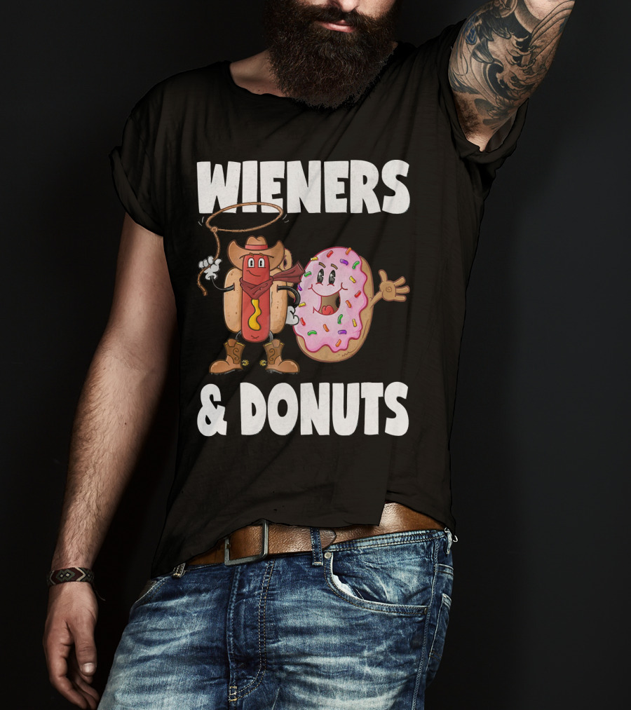 WIENERS And DONUTS Funny Vintage Hot Dog Cowboy And Happy Donut With Sprinkles T-Shirt