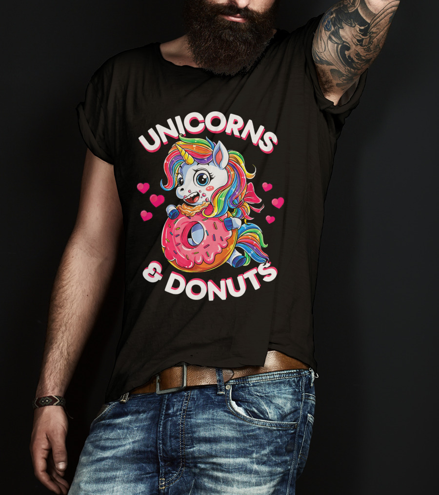 UNICORNS And DONUTS Rainbow Unicorn Eating Donut Surrounded By Hearts T-Shirt