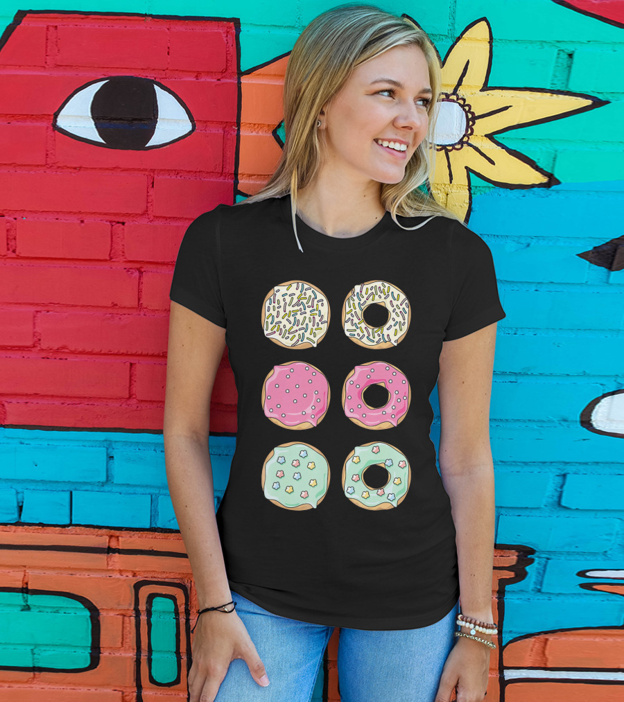Colorful Pastel Sprinkles Donuts Pink Glaze Floral Shapes T-Shirt