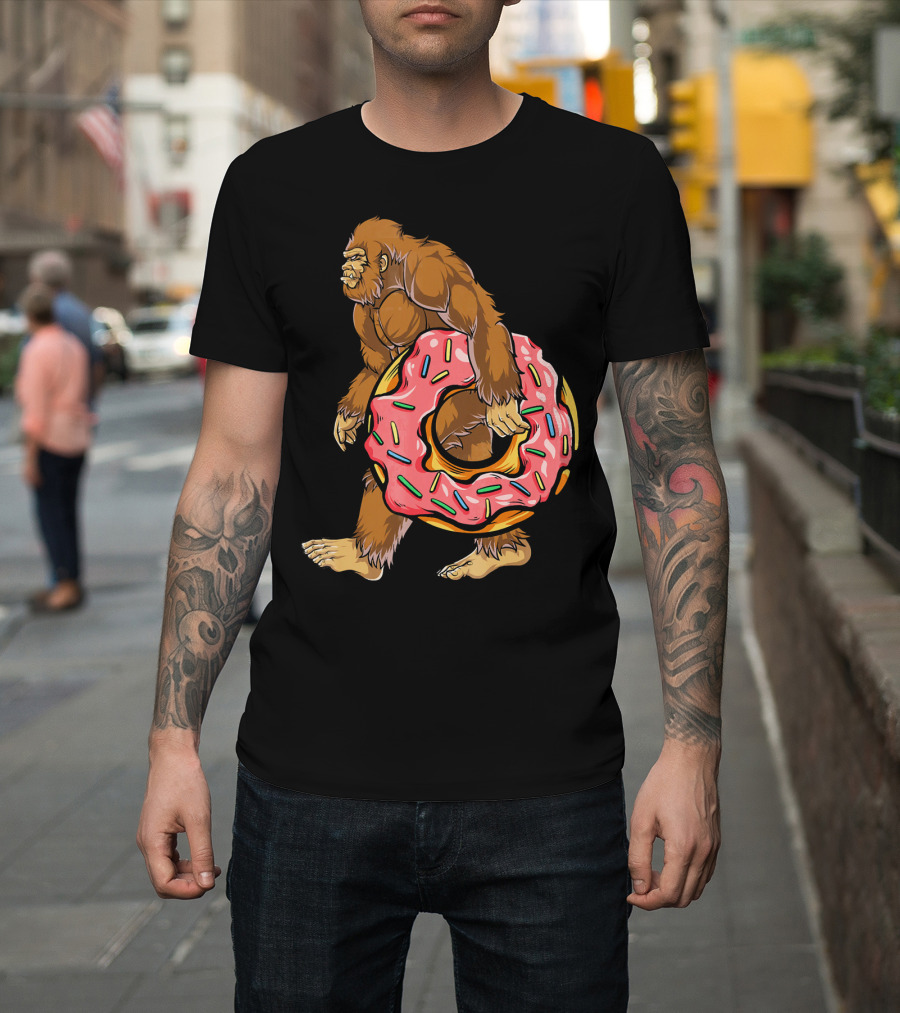 Bigfoot Sasquatch Holding Sprinkled Donut T-Shirt