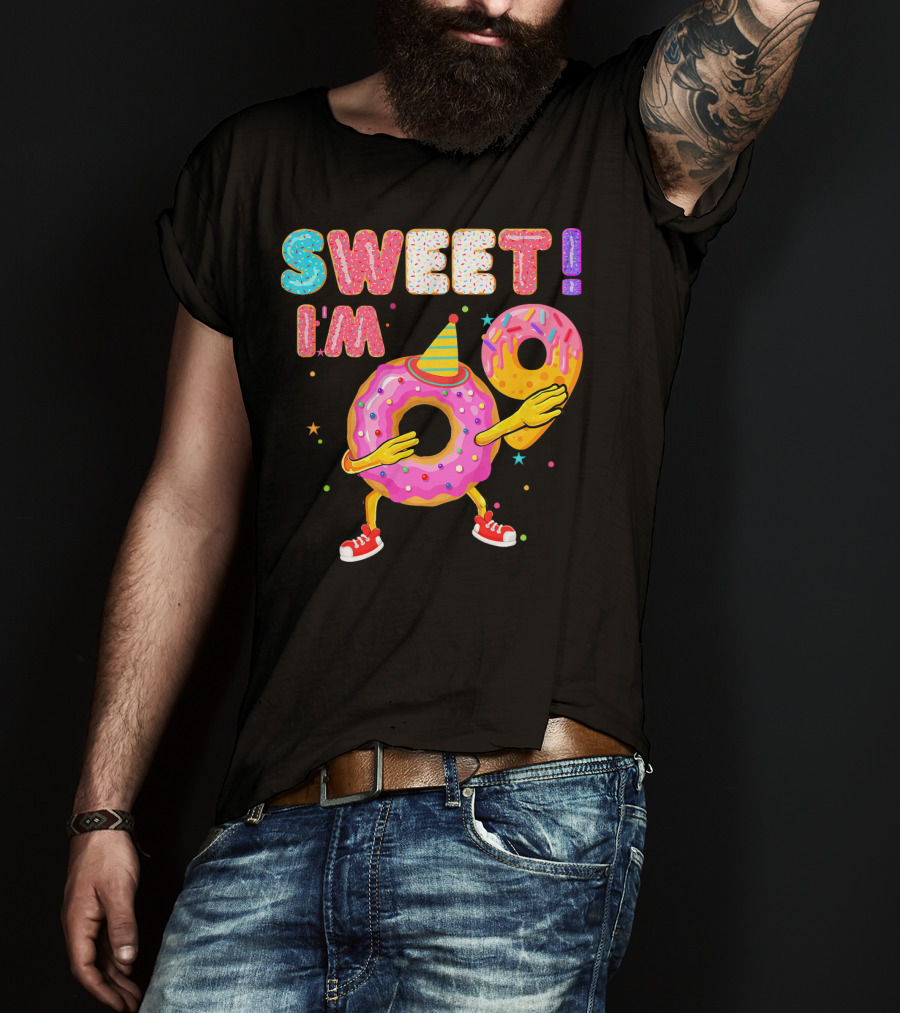 Sweet I'm 9 Years Old Birthday Donut With Sprinkles And Party Hat T-Shirt