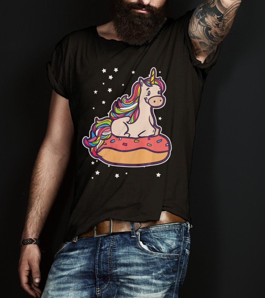 Rainbown Pastel Colors Unicorn Donut Fun With Stars T-Shirt