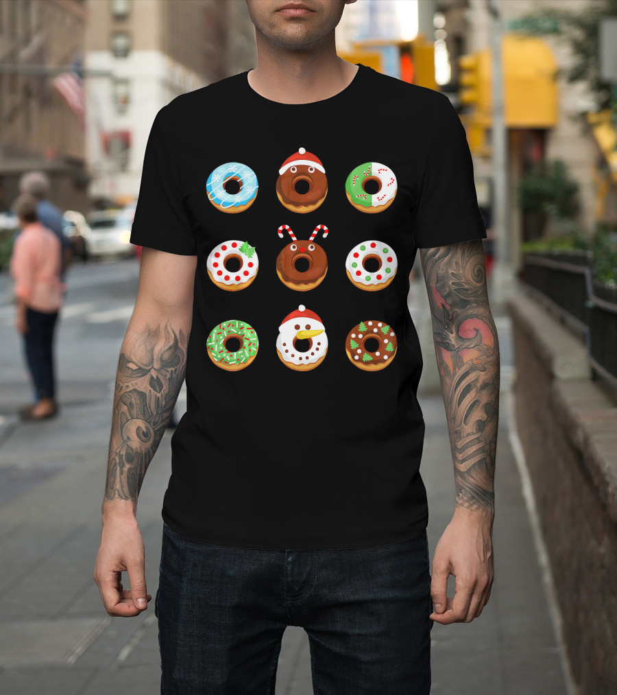 Christmas Donut Snowflakes Santa Candy Canes Holly Wreath Trees Snowman T-Shirt