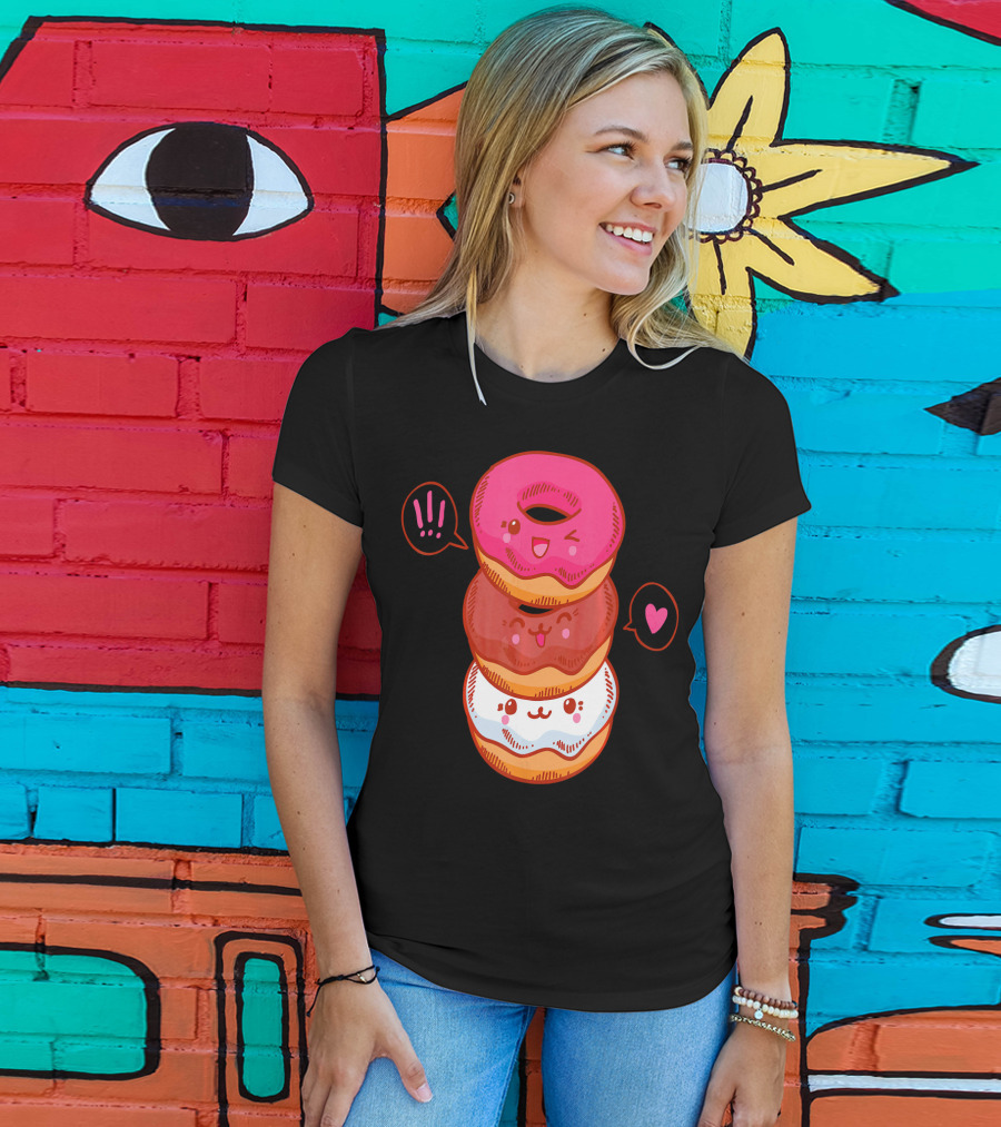 Kawaii Donuts Stack With Cute Faces And Heart T-Shirt