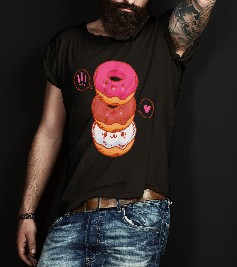 Kawaii Donuts Stack With Cute Faces And Heart T-Shirt