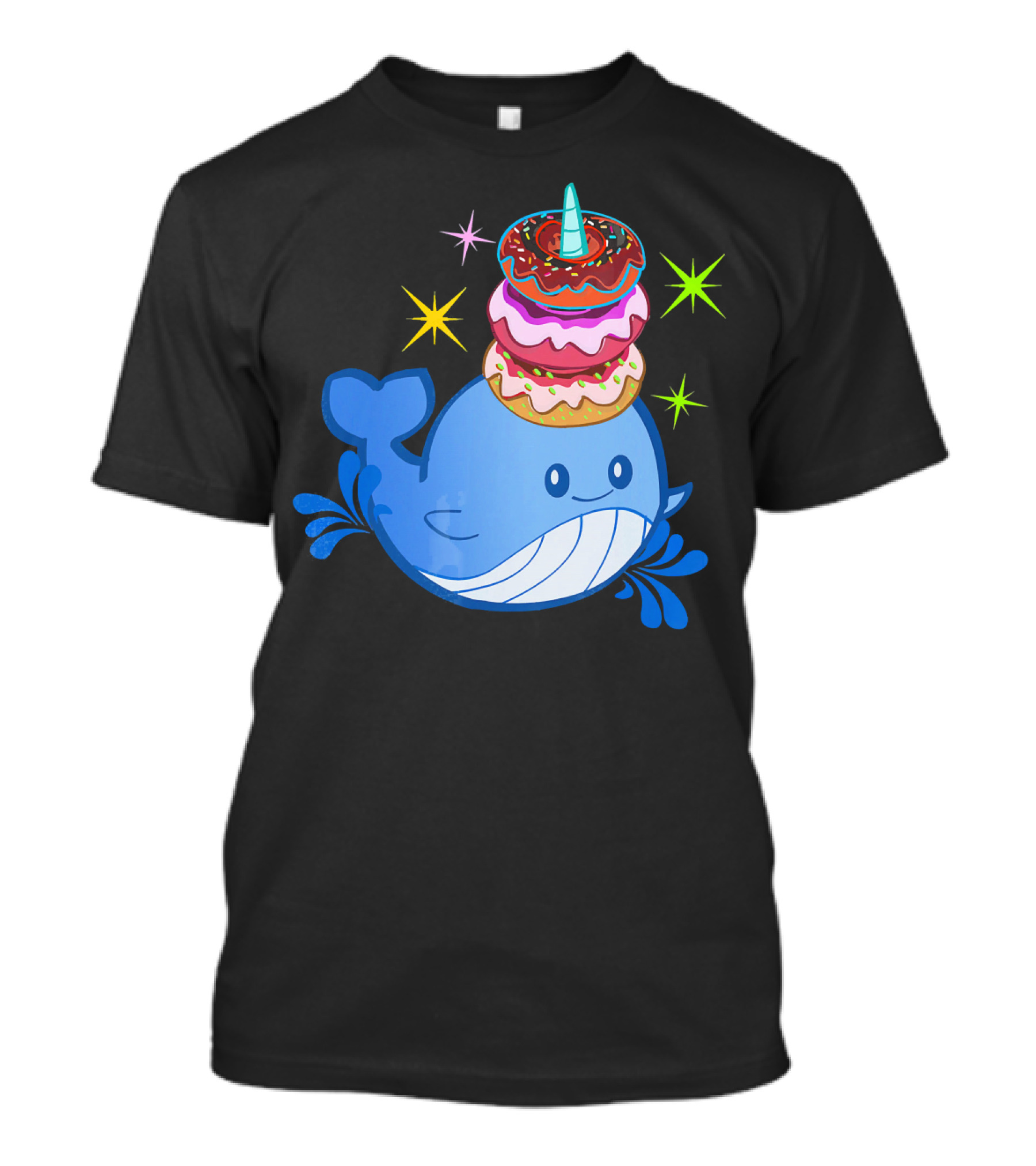 Cute Narwhal Balancing Colorful Donuts T-Shirt