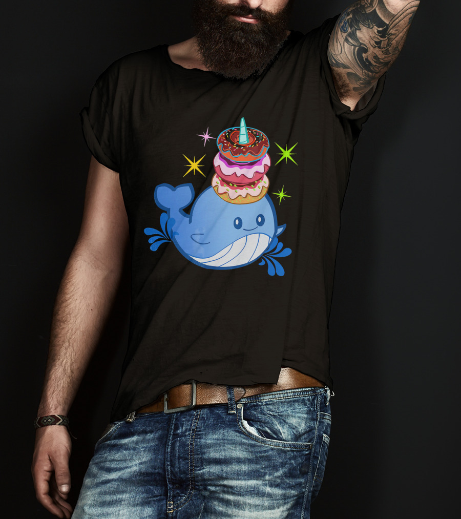Cute Narwhal Balancing Colorful Donuts T-Shirt