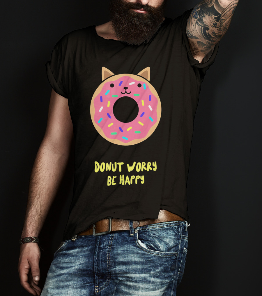 Kawaii Japanese Anime Pink Sprinkle Cat Donut Worry Be Happy T-Shirt