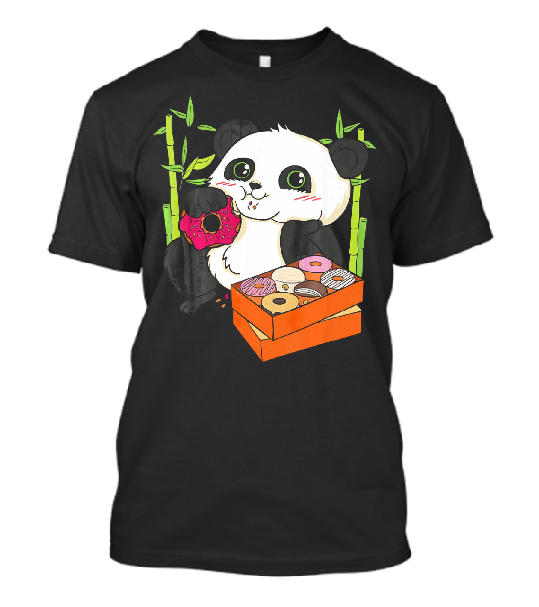 Panda Enjoying Box Of Colorful Donuts With Bamboo Background T-Shirt
