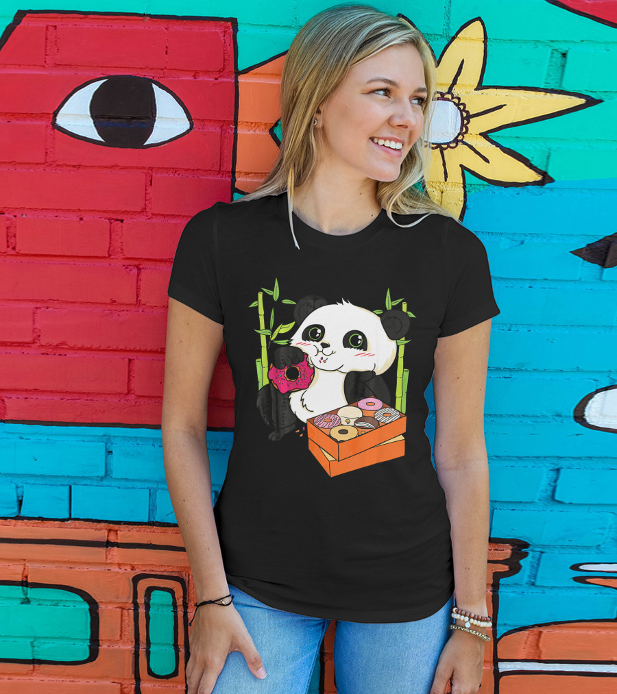 Panda Enjoying Box Of Colorful Donuts With Bamboo Background T-Shirt