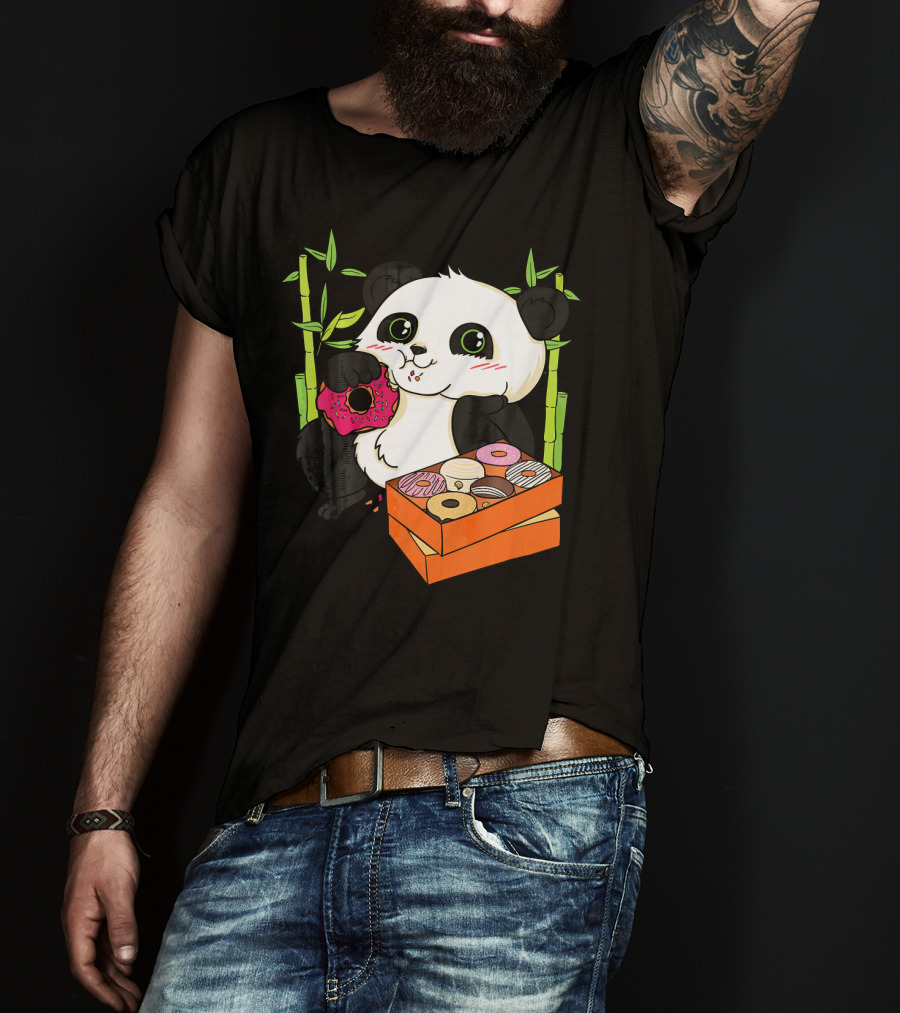 Panda Enjoying Box Of Colorful Donuts With Bamboo Background T-Shirt