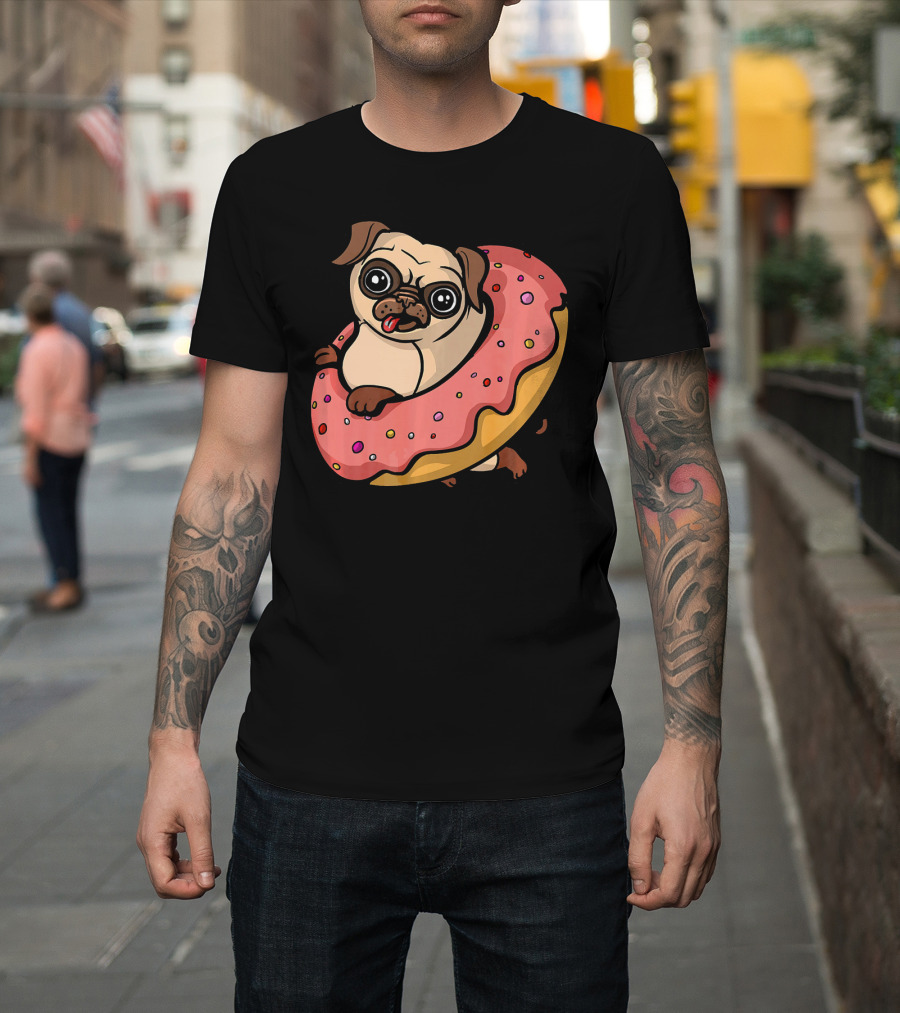 Pug Dog with Pink Frosted Donut Lover T-Shirt