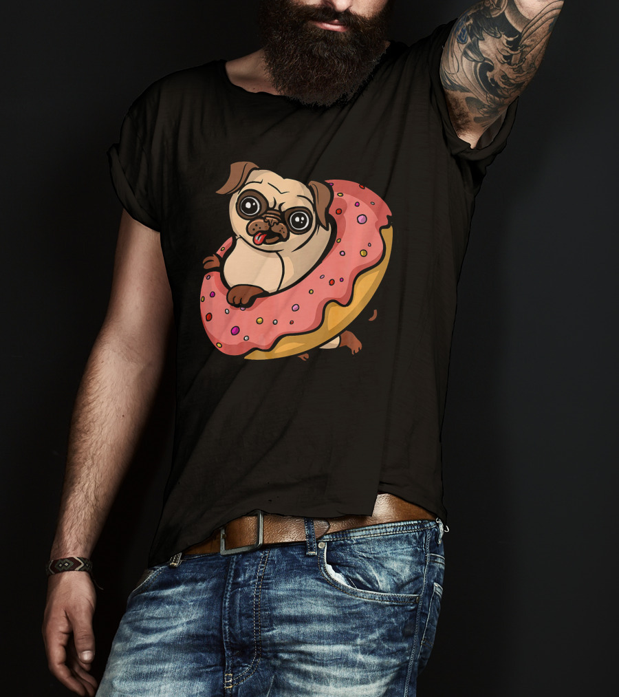 Pug Dog With Pink Frosted Donut Lover T-Shirt