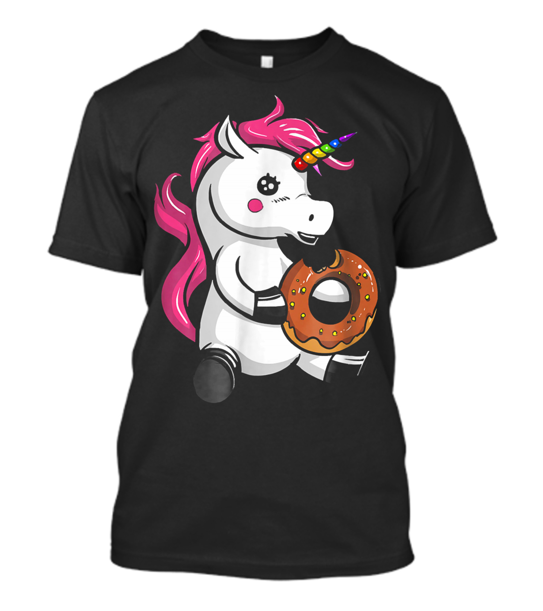 Magical Unicorn With Rainbow Horn Enjoying Chocolate Donut T-Shirt