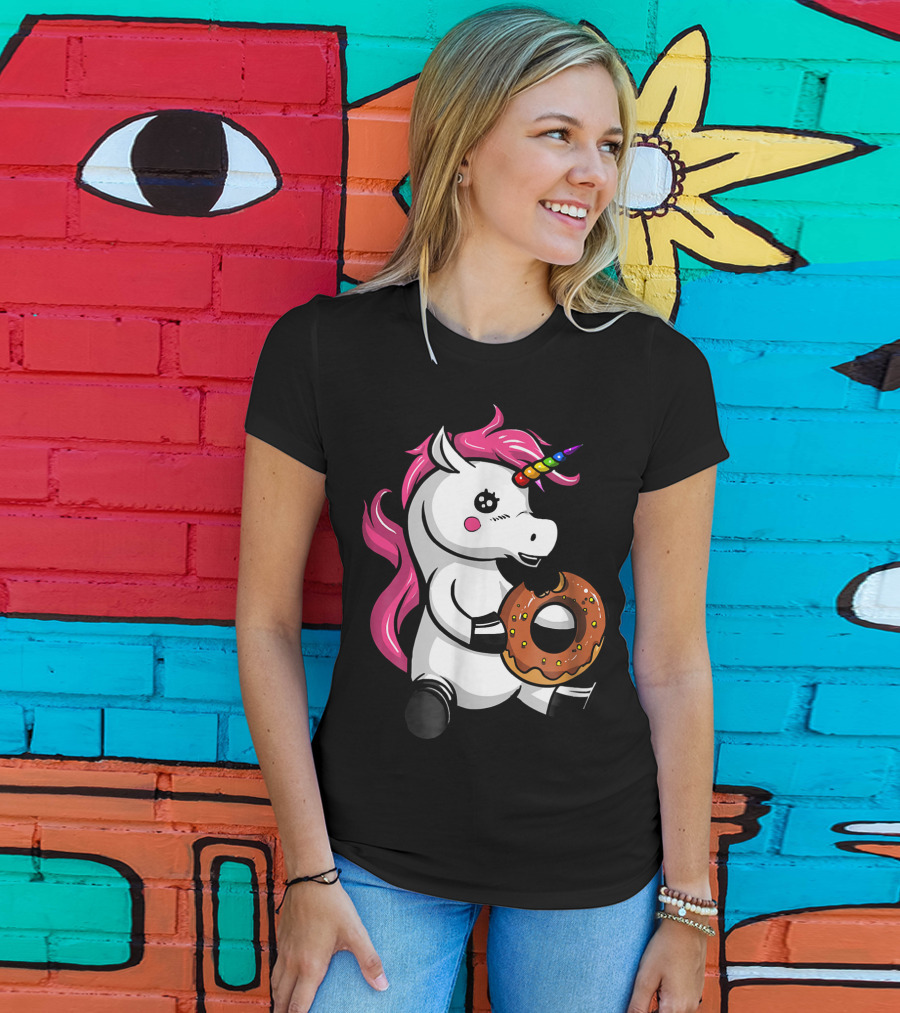 Magical Unicorn With Rainbow Horn Enjoying Chocolate Donut T-Shirt