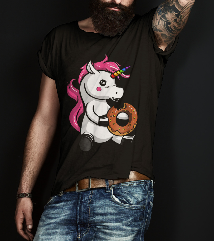 Magical Unicorn With Rainbow Horn Enjoying Chocolate Donut T-Shirt