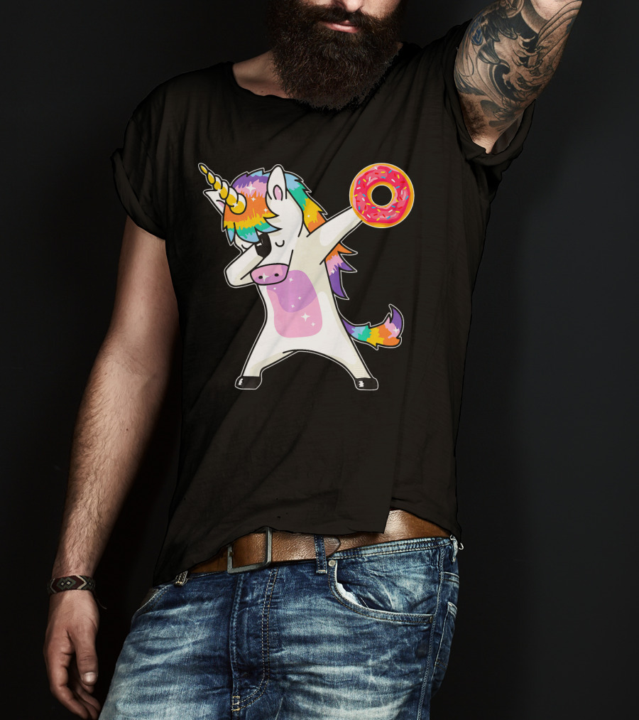 Cute Dabbing Rainbow Unicorn Holding Doughnut Donut T-Shirt
