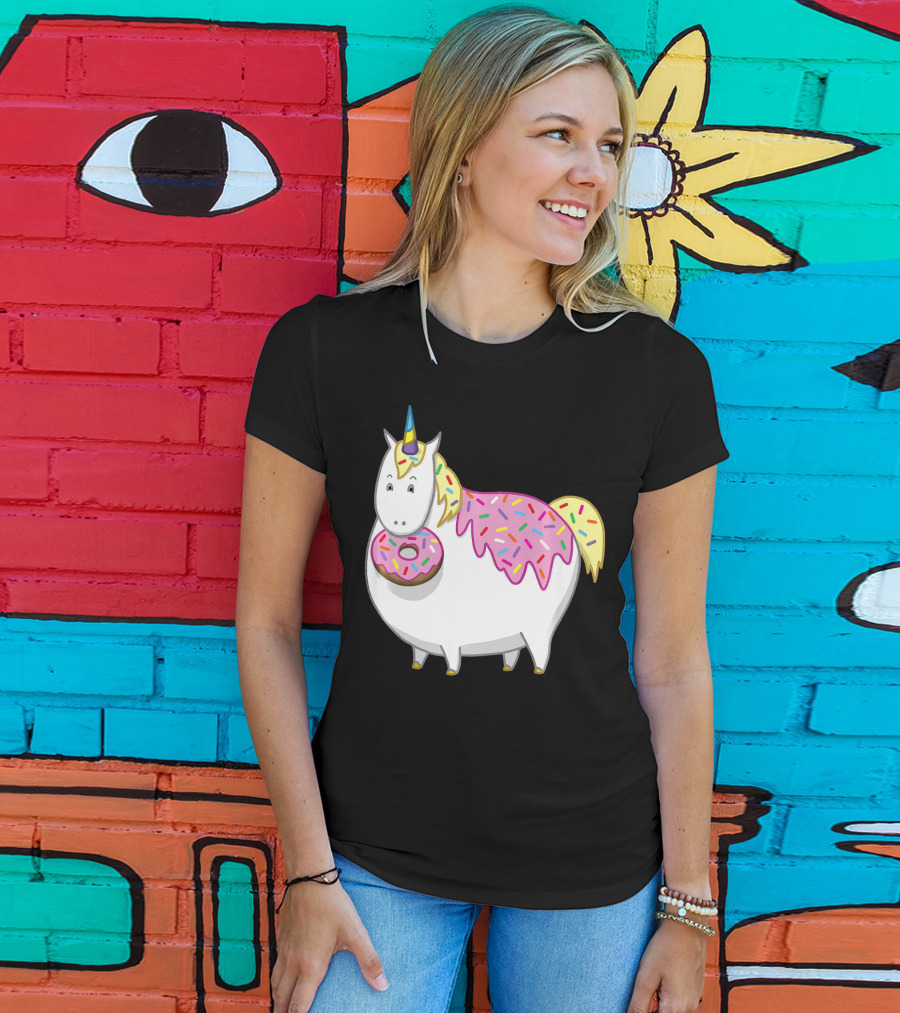 Funny Cute Fat Unicorn With Pink Frosting Doughnut T-Shirt