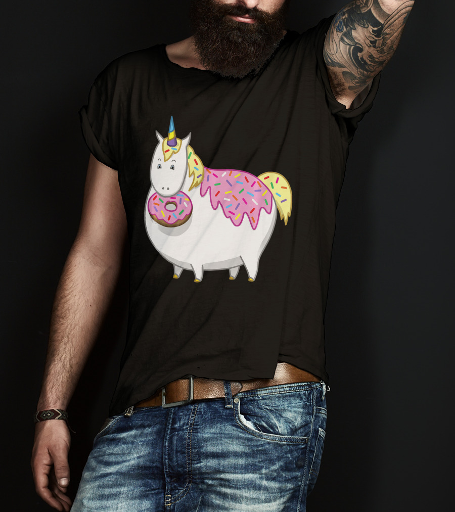 Funny Cute Fat Unicorn With Pink Frosting Doughnut T-Shirt