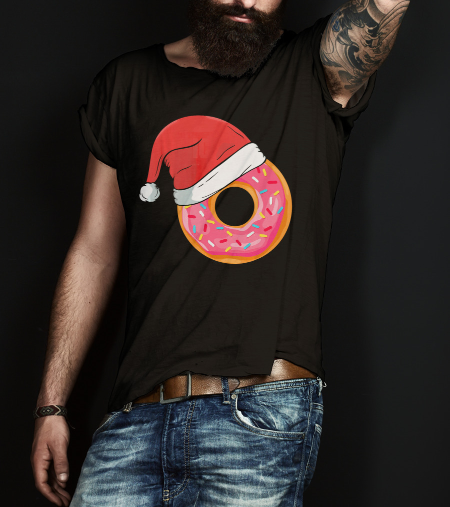 Santa Hat On Sprinkled Donut Holiday Humor T-Shirt