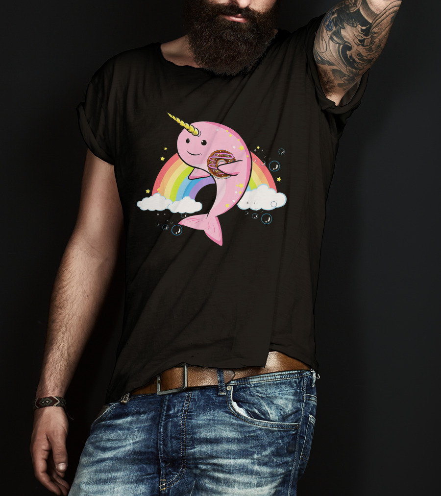 Funny Narwhal Unicorn Of The Sea With Donut On Rainbow Cloud T-Shirt