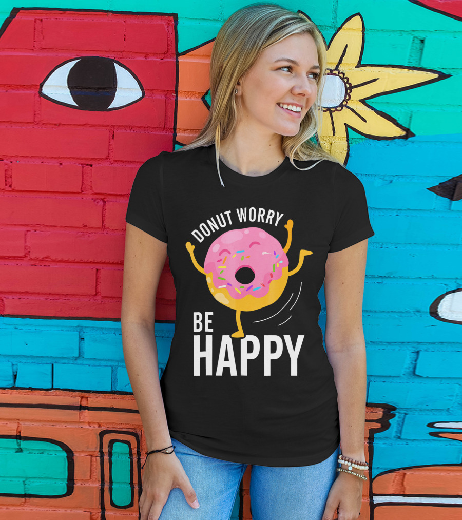 Donut Worry Be Happy Pink Sprinkled Dancing Donut T-Shirt