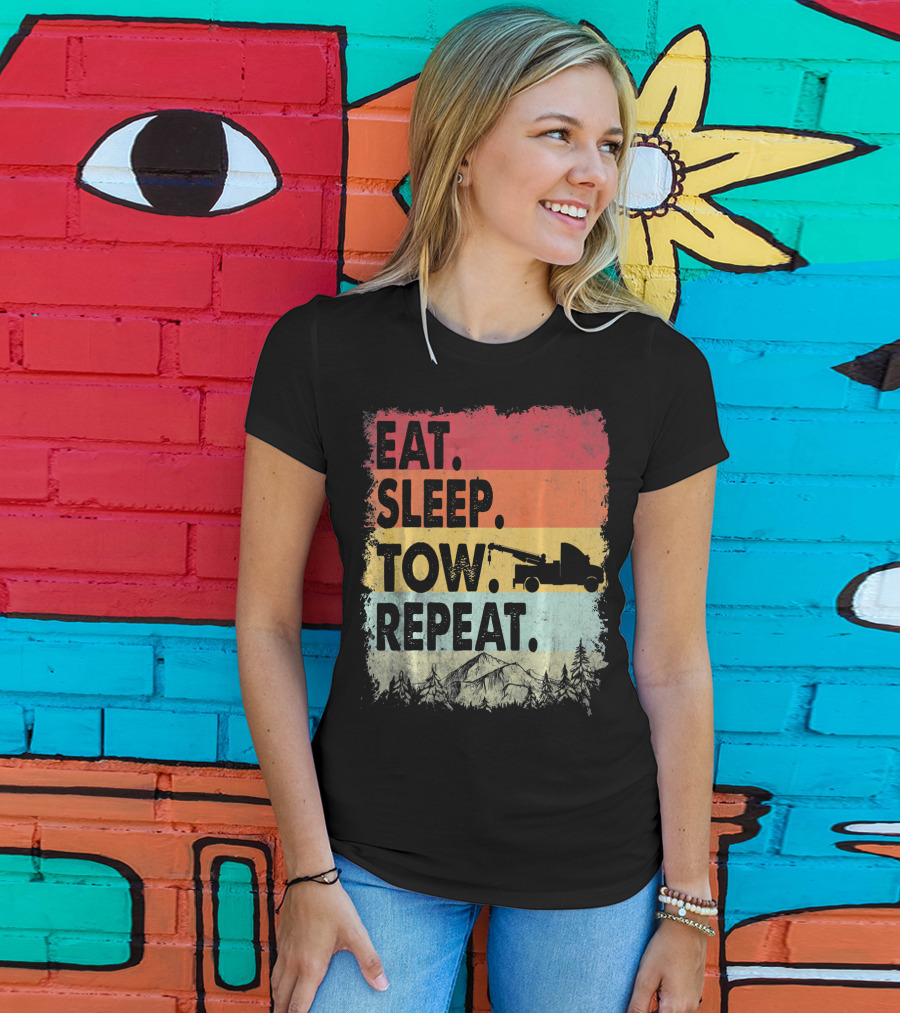 Eat Sleep Tow Repeat Funny Tow Truck Vintage Sunset Mountains Forest T-Shirt