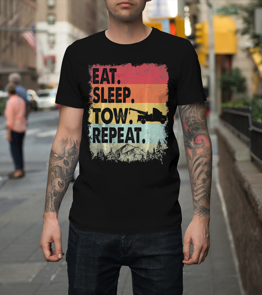 Eat Sleep Tow Repeat Funny Tow Truck Vintage Sunset Mountains Forest T-Shirt