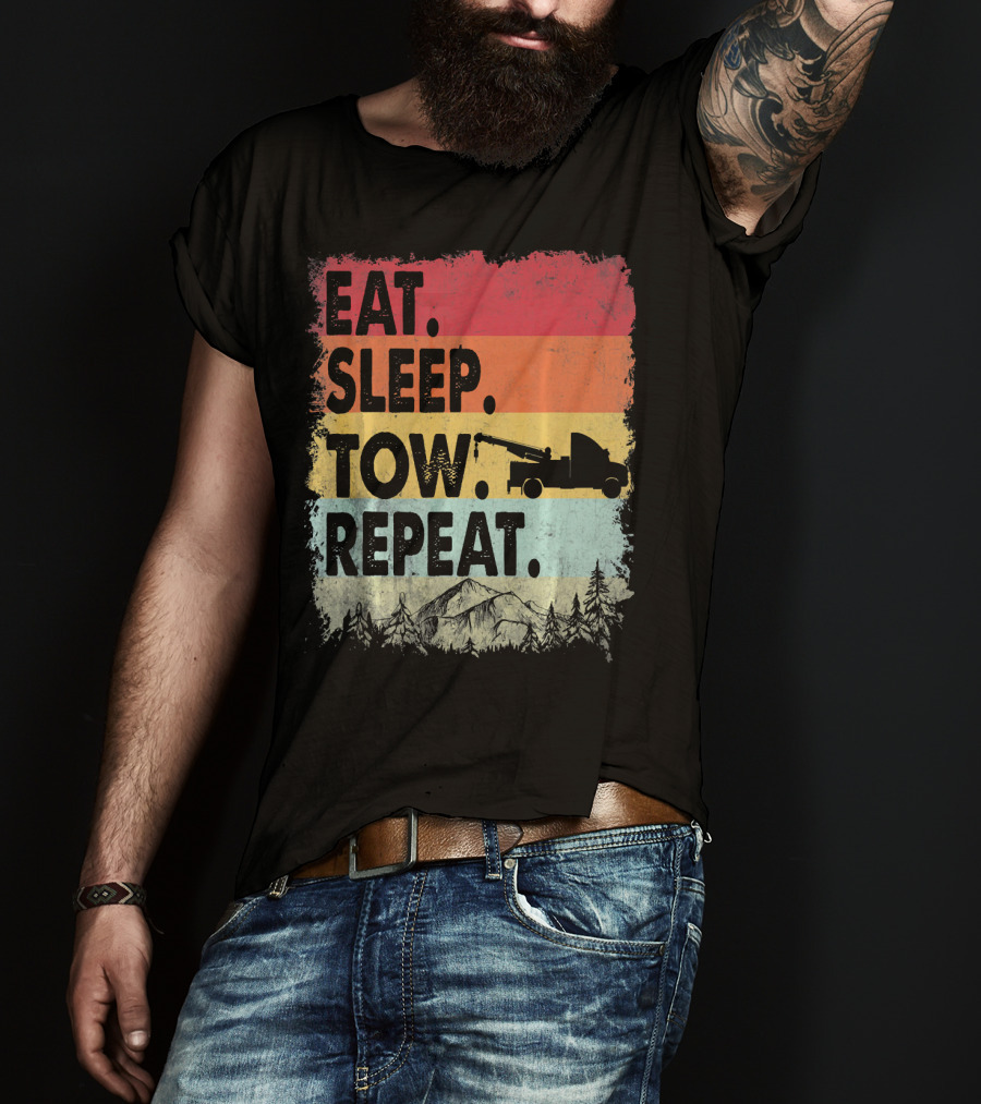 Eat Sleep Tow Repeat Funny Tow Truck Vintage Sunset Mountains Forest T-Shirt