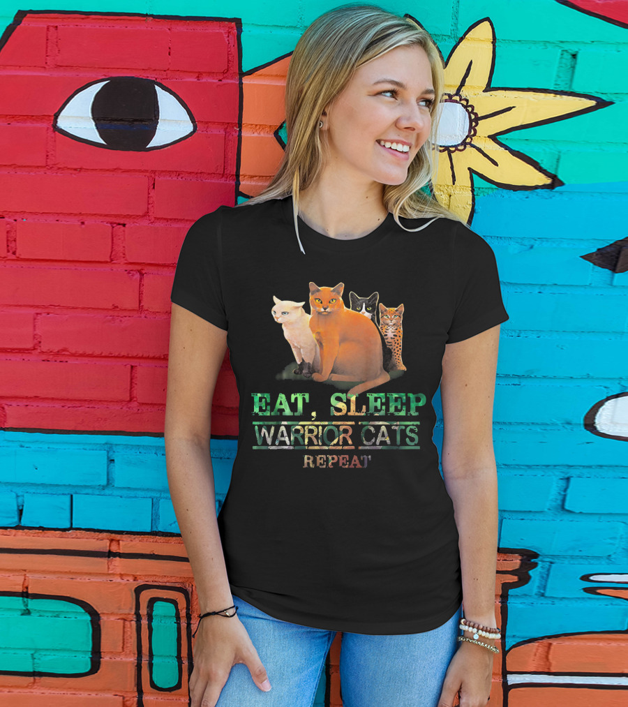 Eat Sleep Warrior Cats Repeat Funny Cat Illustration With Four Colorful Feline Characters T-Shirt