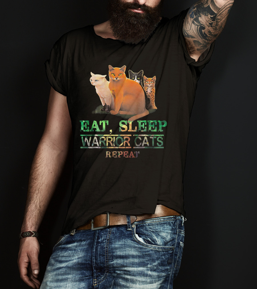 Eat Sleep Warrior Cats Repeat Funny Cat Illustration With Four Colorful Feline Characters T-Shirt