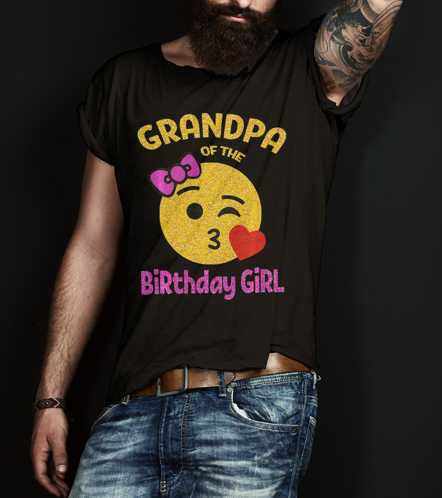 Grandpa Of The Birthday Girl Glitter Emoji Pink Bow Heart Kiss T-Shirt