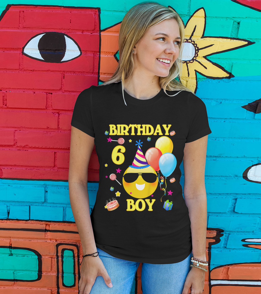 Birthday 6 Boy Emoji With Party Hat And Balloons T-Shirt