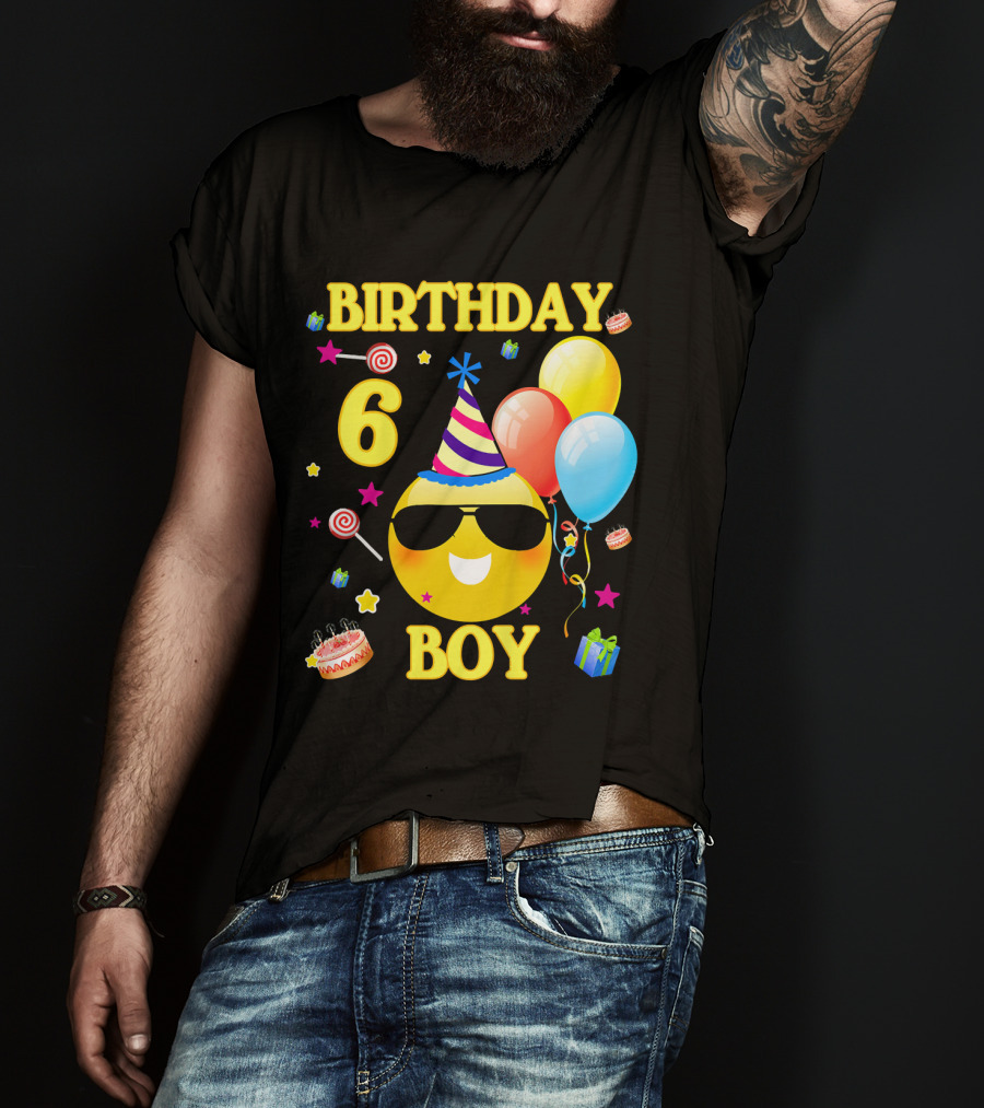 Birthday 6 Boy Emoji With Party Hat And Balloons T-Shirt