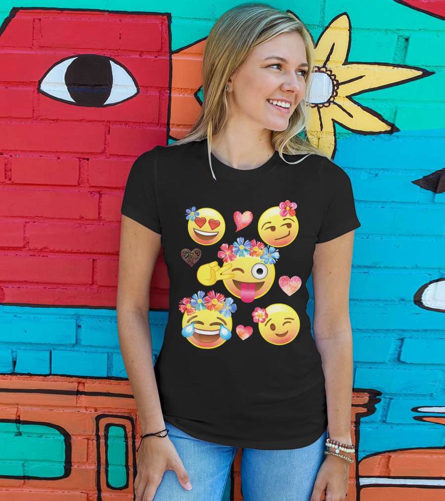 Cute Emoji Flower Crowns Heart Eyes Wink Tongue Out Laughing Crying Hearts T-Shirt