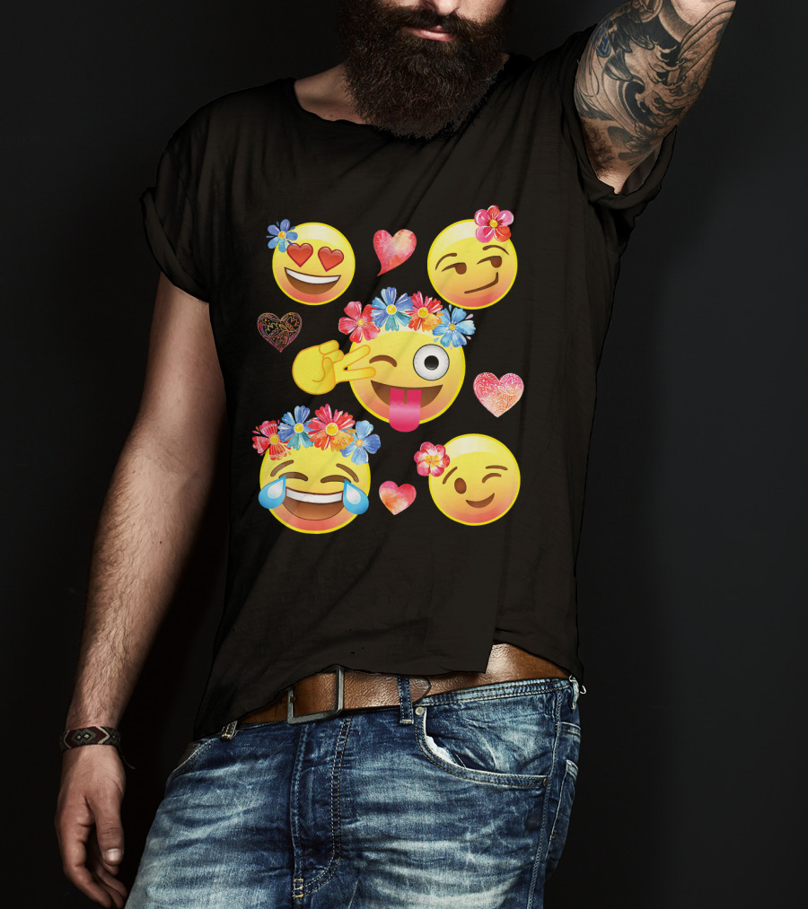 Cute Emoji Flower Crowns Heart Eyes Wink Tongue Out Laughing Crying Hearts T-Shirt