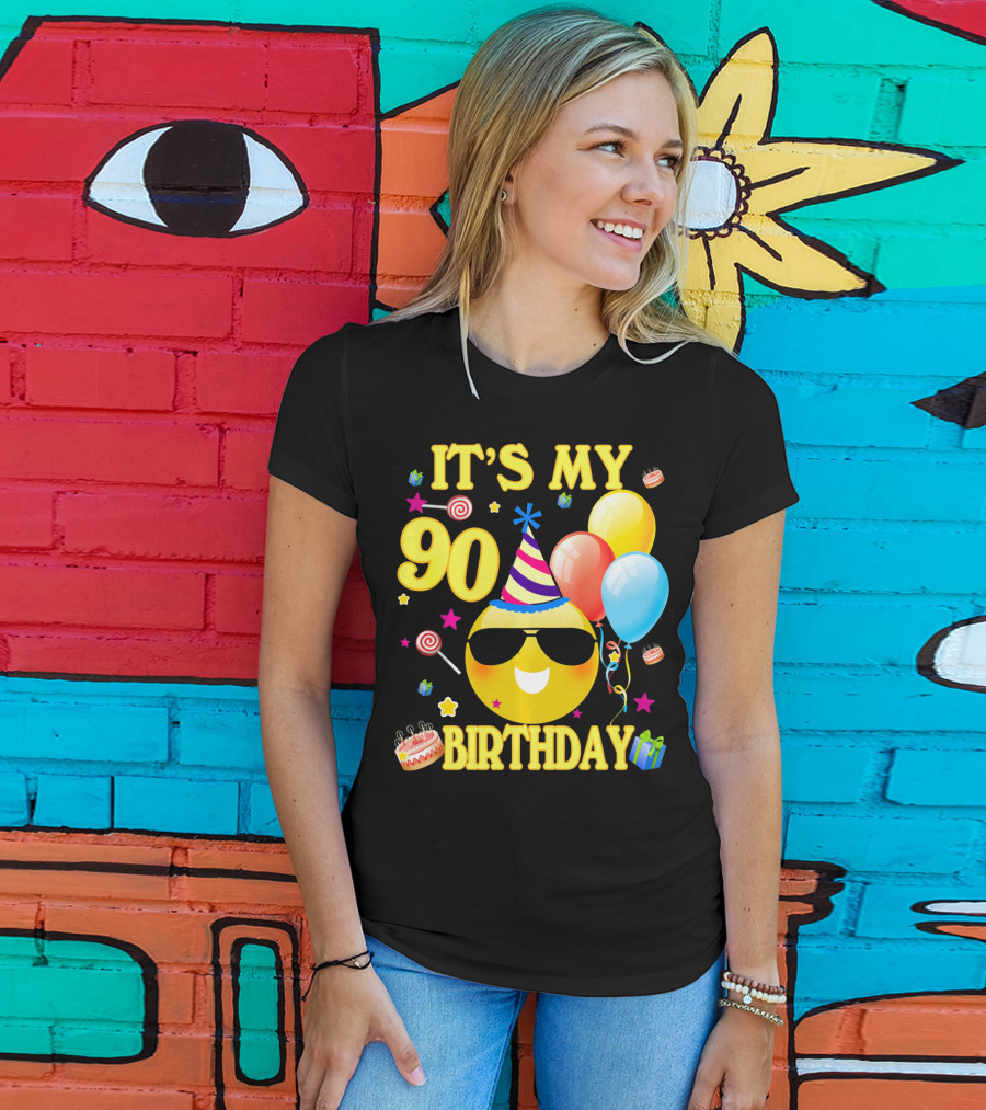 It's My 90 Birthday Cute Emoji Cake Balloons Party Hat T-Shirt