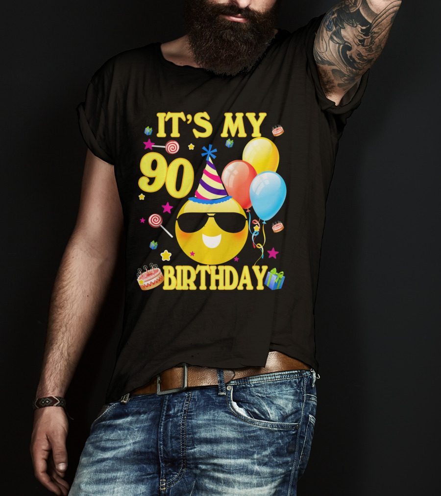It's My 90 Birthday Cute Emoji Cake Balloons Party Hat T-Shirt