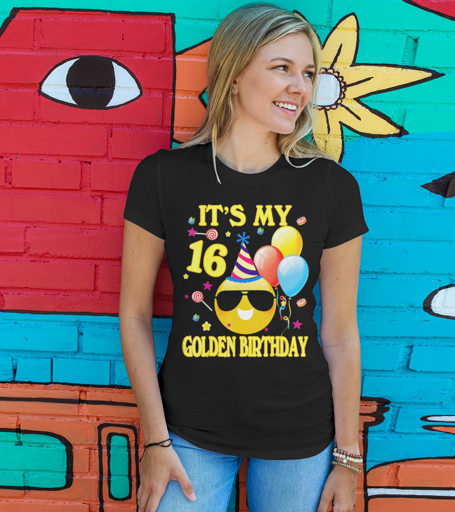 It's My 16 Golden Birthday Emoji Balloons Party Hat T-Shirt