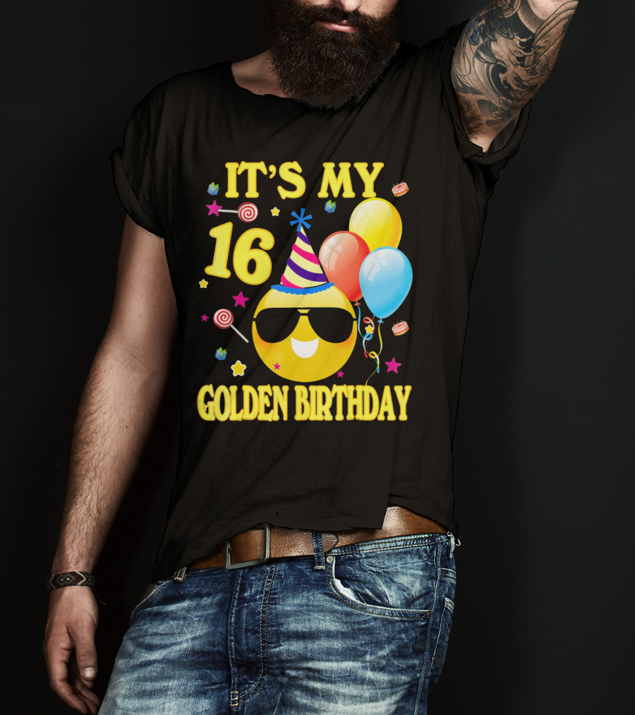 It's My 16 Golden Birthday Emoji Balloons Party Hat T-Shirt