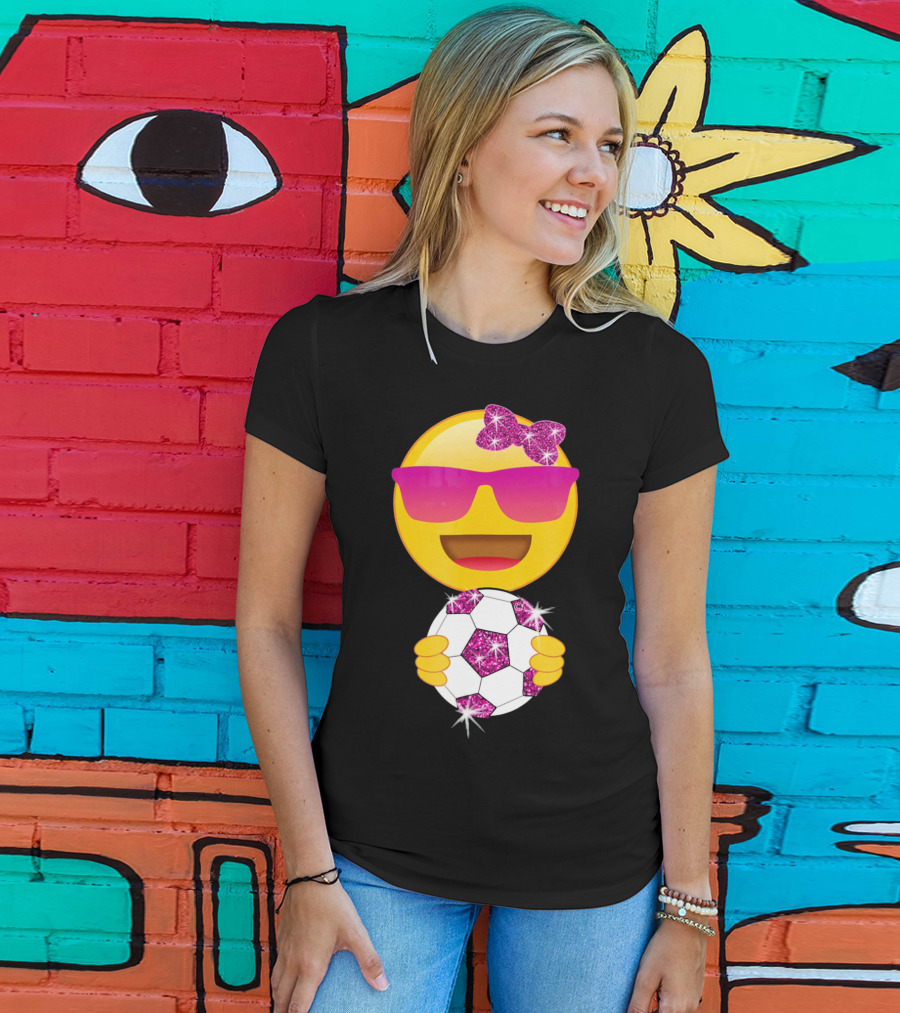 Cute Emoji With Sunglasses Holding A Sparkling Soccer Ball And Glitter Bow T-Shirt