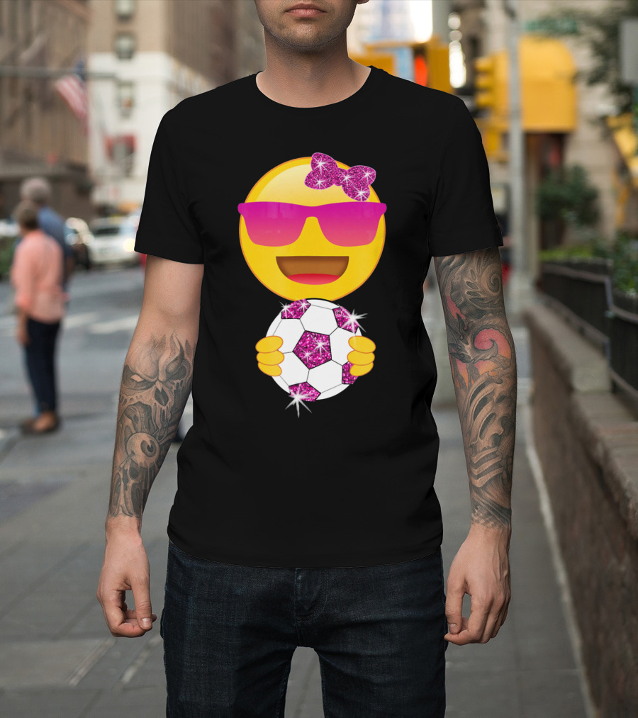 Cute Emoji With Sunglasses Holding A Sparkling Soccer Ball And Glitter Bow T-Shirt
