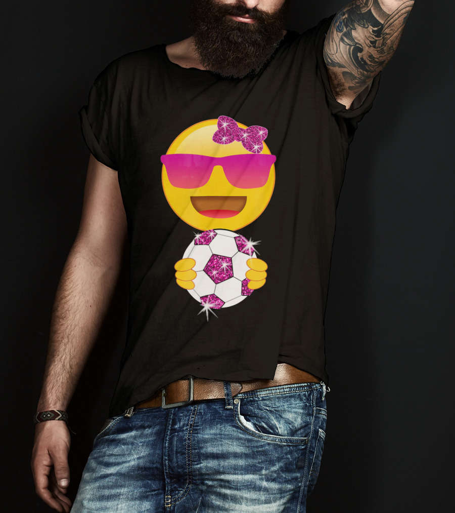 Cute Emoji With Sunglasses Holding A Sparkling Soccer Ball And Glitter Bow T-Shirt